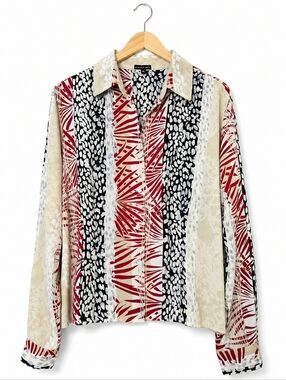 PIANO Bold Graphic Red Blue Tan Mixed Media Print Button Front Statement Blouse